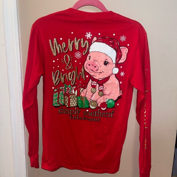 Simply Southern Red Merry & Bright Pig Tee Christmas holiday woman’s small - Picture 1 of 7